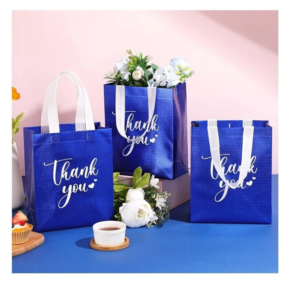 50pack Thank You Gift Bags with Handles Bulk Thank You Royal Blue, 10 x 8 x 4 In